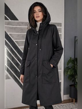 Bernardo Black Hooded Trench Coat Sz Large NWT